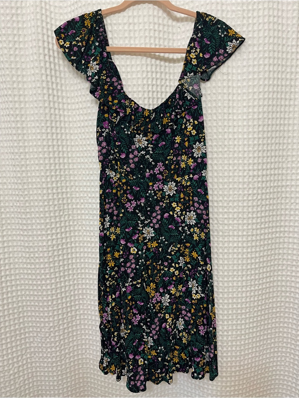 Old Navy Black Floral Midi Dress with Pink, Yellow & White Blooms